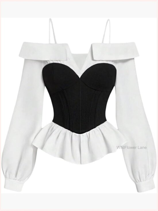Tops - Fitted Peplum Blouse Long Sleeve Cold Shoulder Ruffle Top